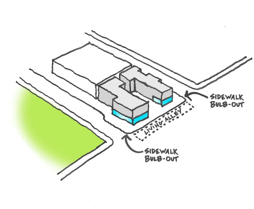 Diagram highlighting the retail spaces at 789 Minnesota and the public park next to it. 