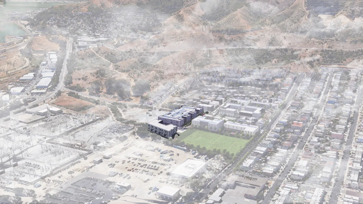 Aerial rendering of Midway Village Phase 1 in Daly City, Ca.