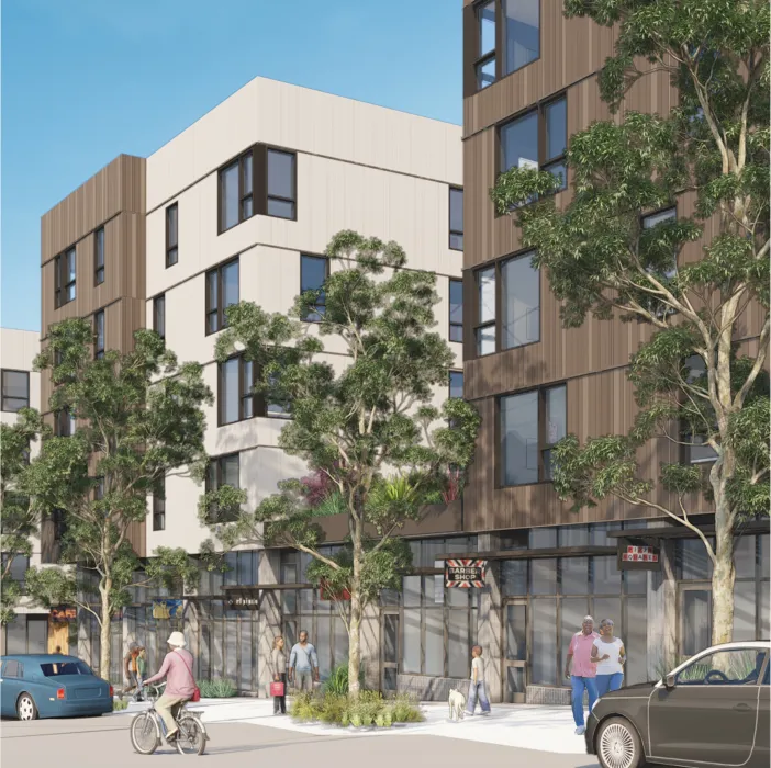 Exterior rendering of the retail spaces at  Sunnydale Block 3 in San Francisco.
