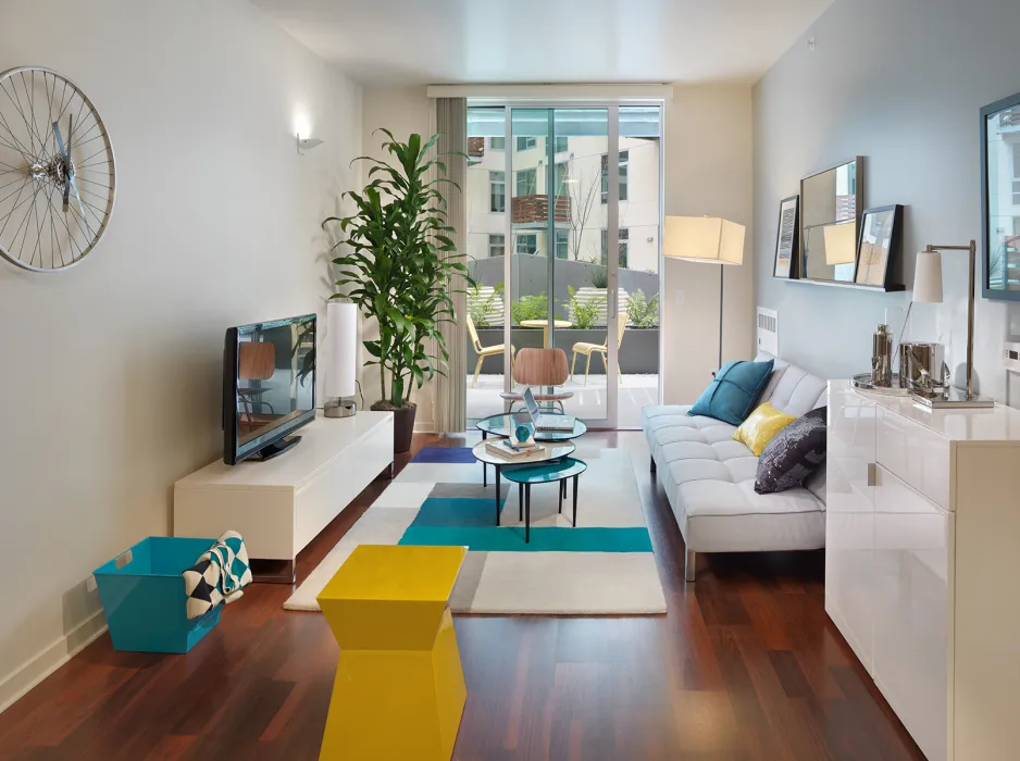 Interior view of a unit living room inside Rincon Green in San Francisco.