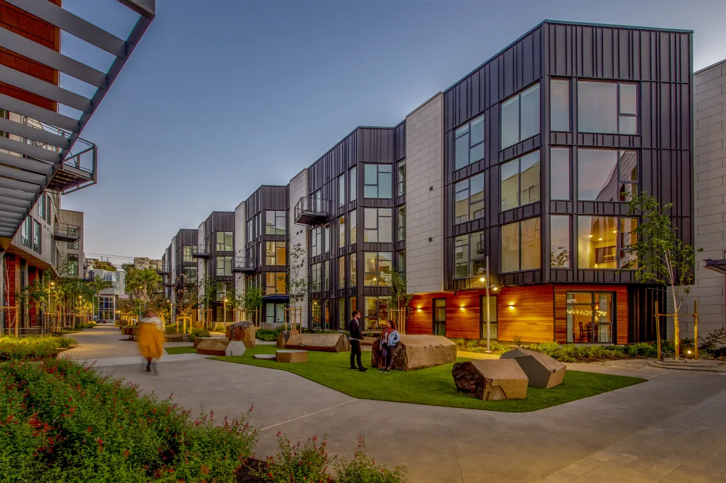 Pedestrian greenway during sunset at Mason on Mariposa in San Francisco.