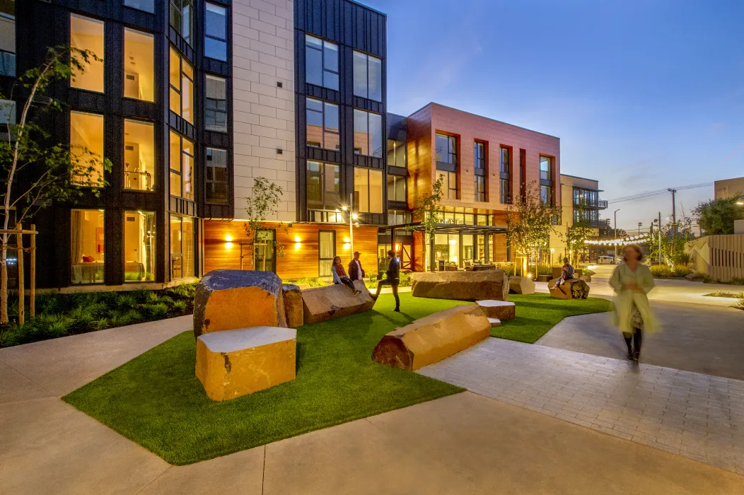 Pedestrian greenway during sunset at Mason on Mariposa in San Francisco.