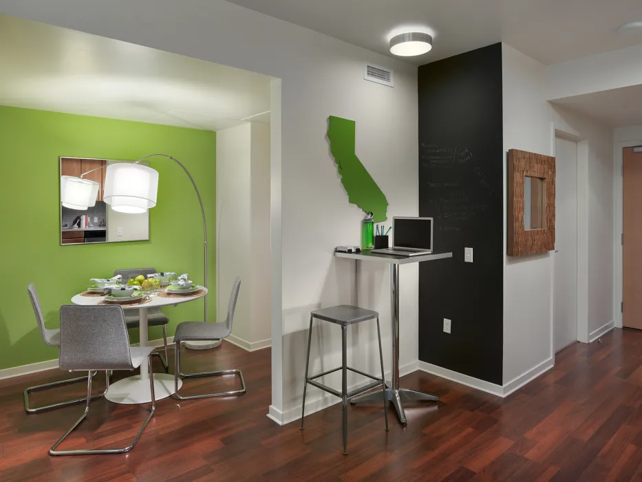 Interior view of a unit dining room at Rincon Green in San Francisco.