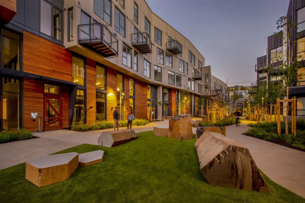 Pedestrian greenway during sunset at Mason on Mariposa in San Francisco.