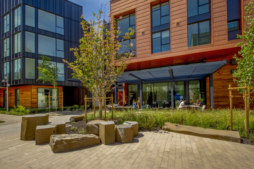 Exterior of leasing office with patio at Mason on Mariposa in San Francisco.