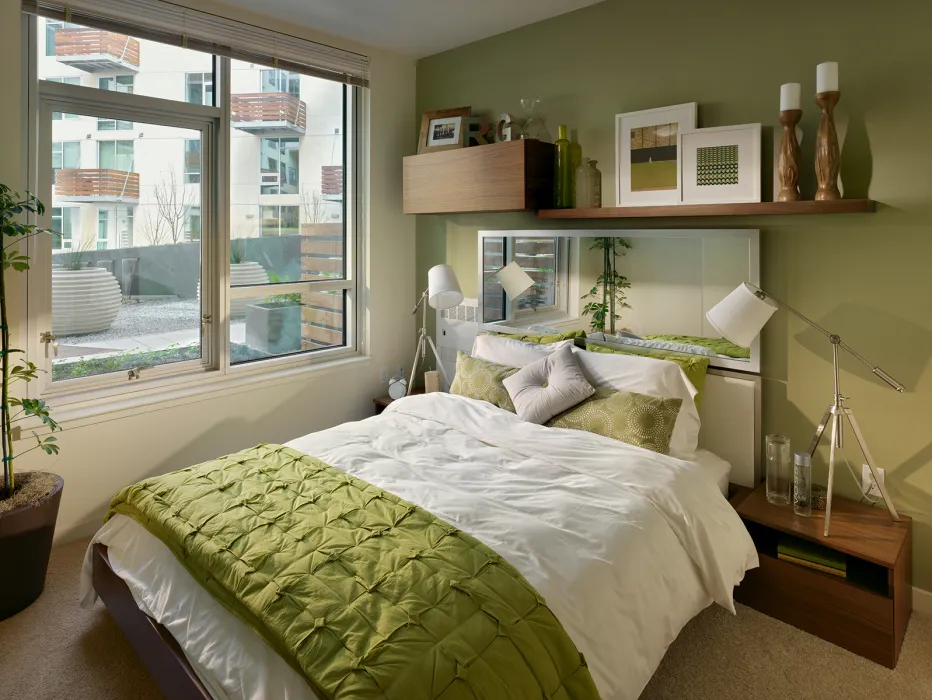 Interior view of a unit bedroom at Rincon Green in San Francisco.