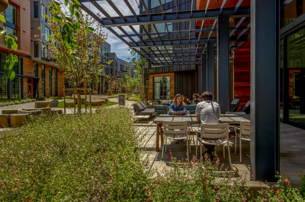 Exterior of leasing office with patio at Mason on Mariposa in San Francisco.