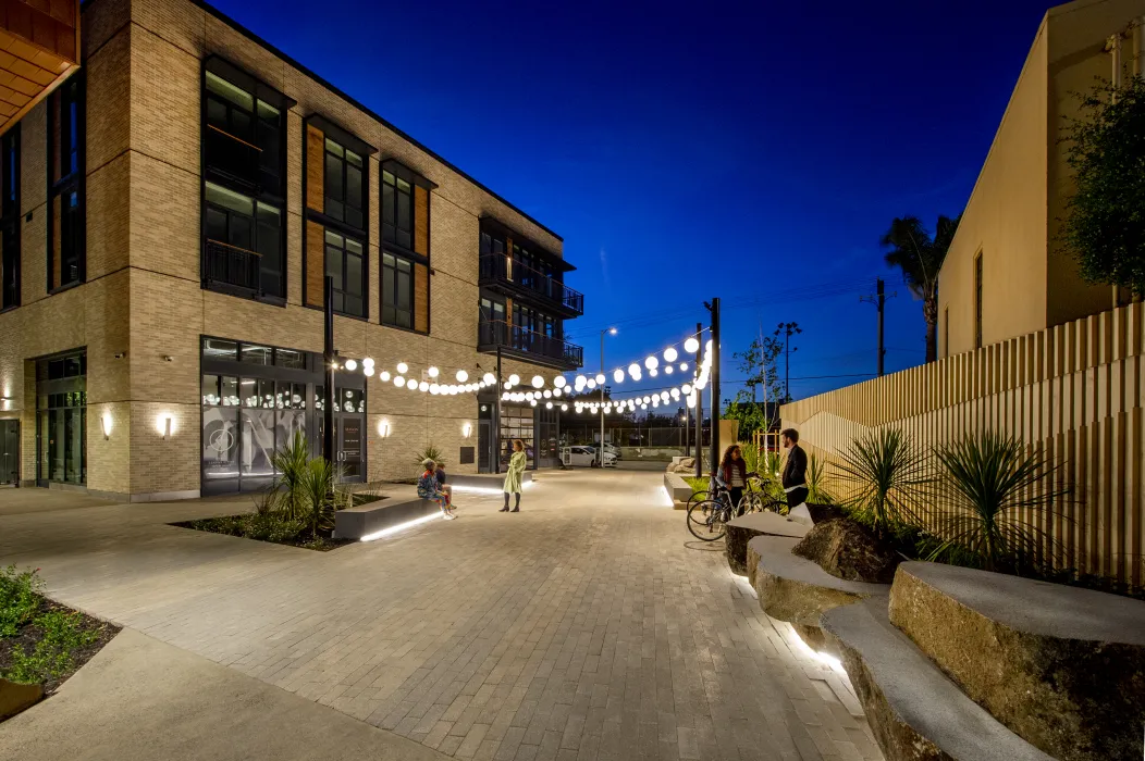 Pedestrian greenway at dusk at Mason on Mariposa in San Francisco.