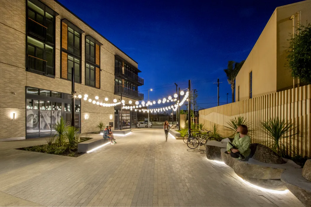 Pedestrian greenway at dusk at Mason on Mariposa in San Francisco.