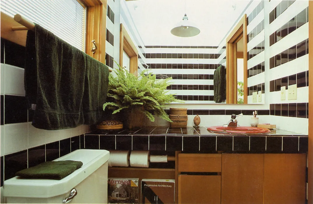 Bathroom with black and white tile inside Spaghetti House in Berkeley, California.