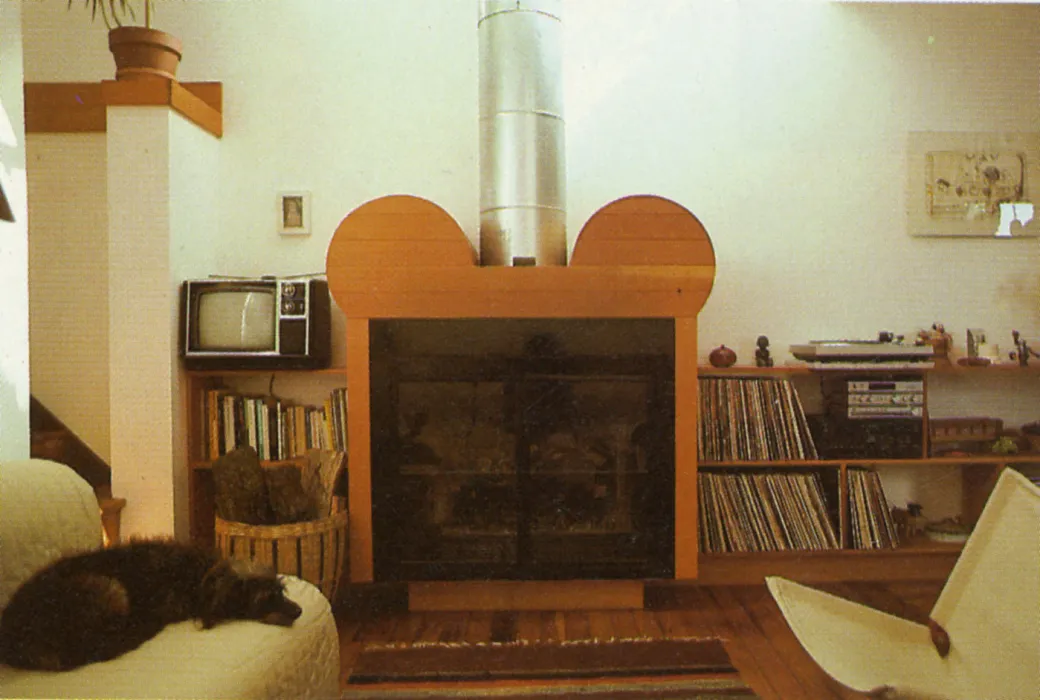 Interior view of a living room with a fireplace in Spaghetti House in Berkeley, California.