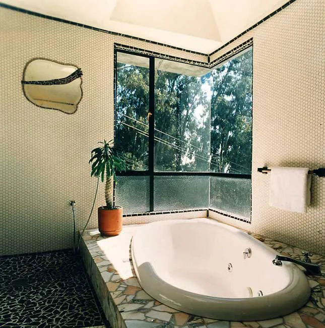 Bathtub with windows looking out to the trees inside Revenge of the Stuccoids in Berkeley, California.