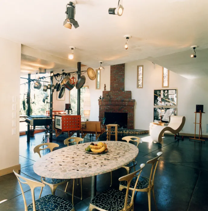 Dining table inside Revenge of the Stuccoids in Berkeley, California.