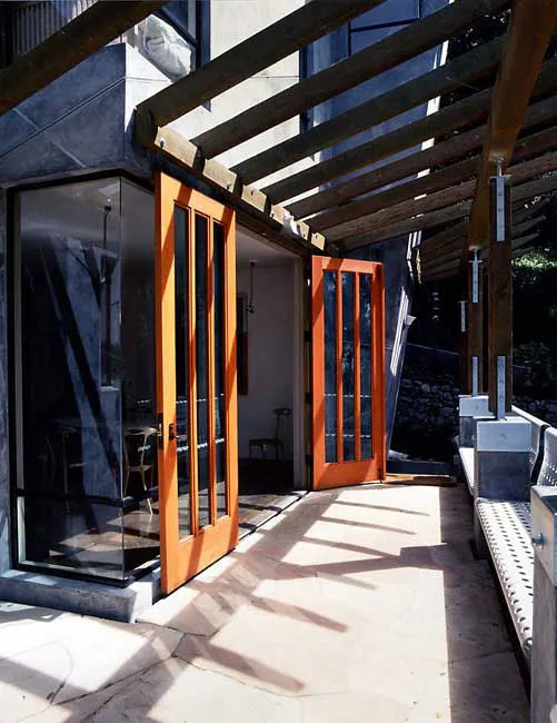 Outdoor balcony at Revenge of the Stuccoids in Berkeley, California.