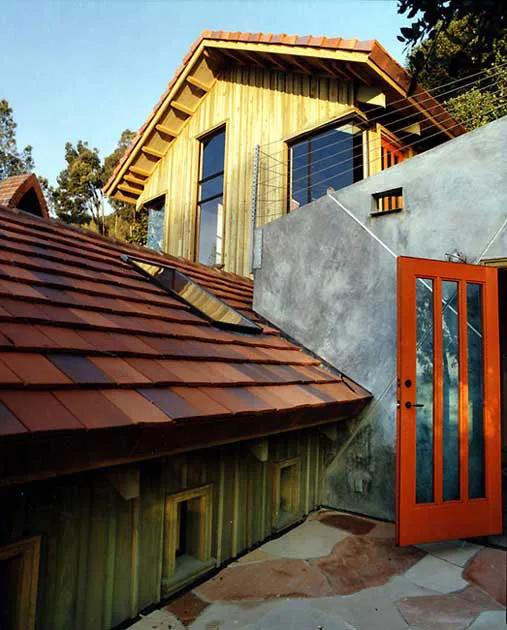 Outdoor balcony next to the roof at Revenge of the Stuccoids in Berkeley, California.