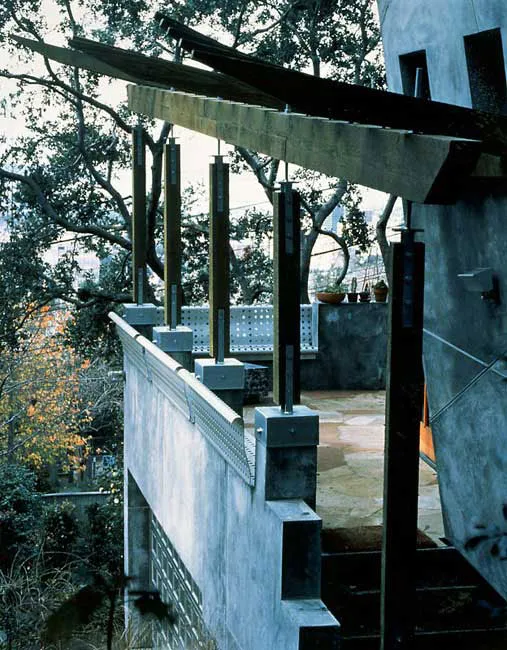 Exterior view of the outdoor porch at Revenge of the Stuccoids in Berkeley, California.