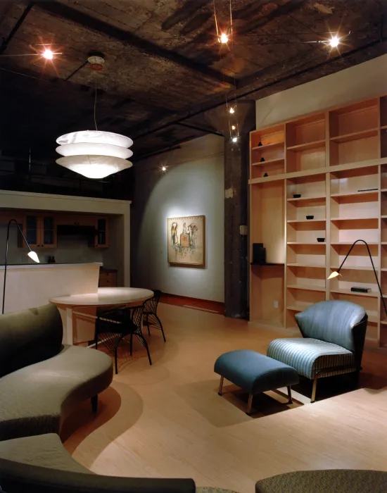 Interior view of a unit living room at 601 Fourth Street Lofts in San Francisco.