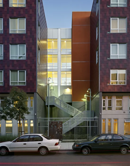 Exterior view of the small courtyard entrance at 888 Seventh Street in San Francisco.