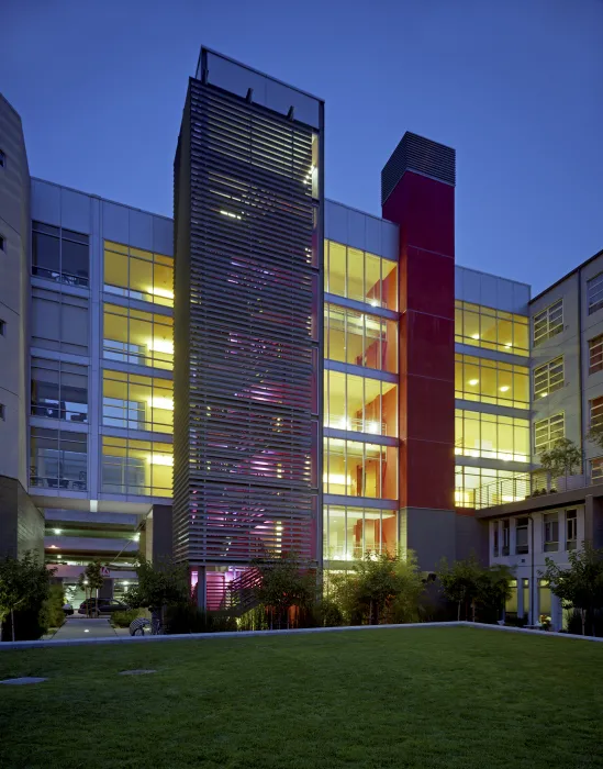 Exterior view of the stairs from the public courtyard at 888 Seventh Street in San Francisco.