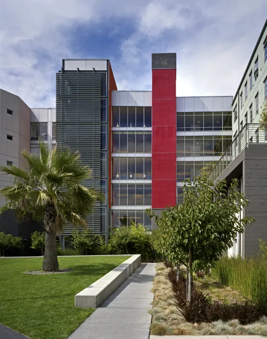 Exterior view of the stairs from the public courtyard at 888 Seventh Street in San Francisco.