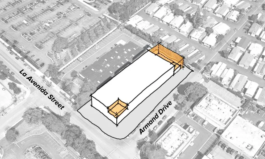 Diagram highlighting the rear and corner step down for 1100 La Avenida in Mountain View, California.