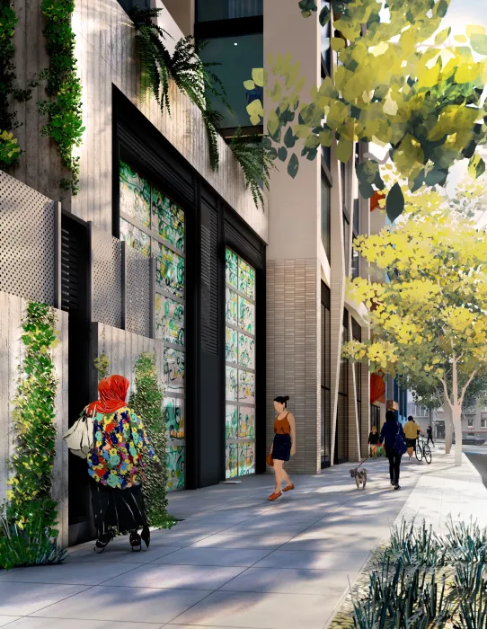 Exterior rendering of the flex space entrance at 1101 Sutter in San Francisco.