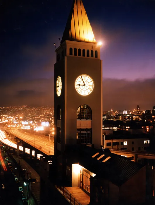 View of the clock tower at night from the roof of the Clock Tower Lofts in San Francisco.