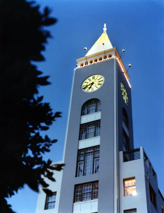 View of the clock tower at night at the Clock Tower Lofts in San Francisco.