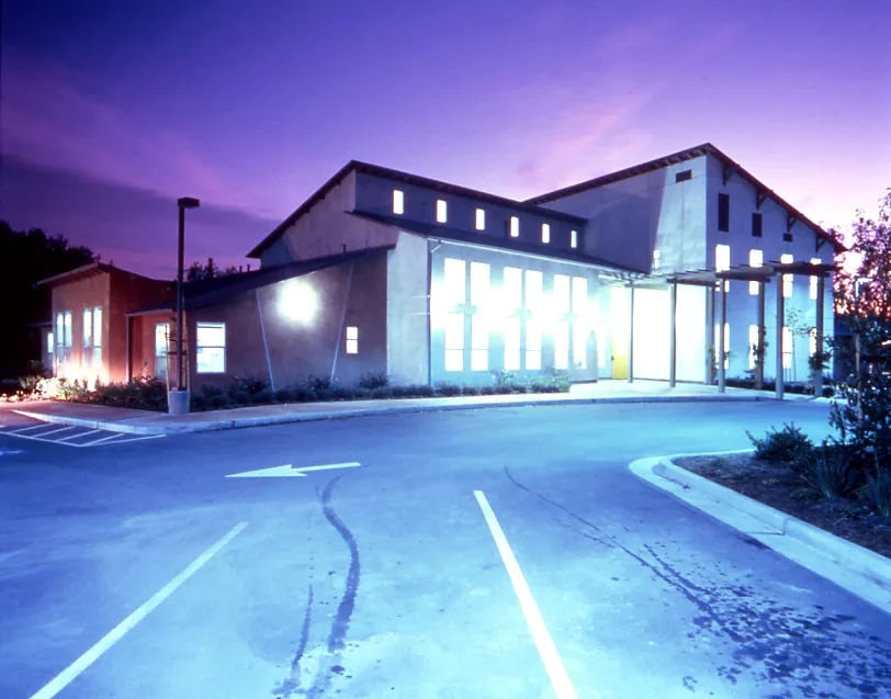 Exterior view of Sunrise Village at dusk in Fremont, California.