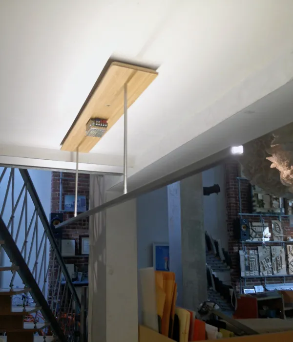 Custom LED light hanging in David Baker Architects Office in San Francisco.