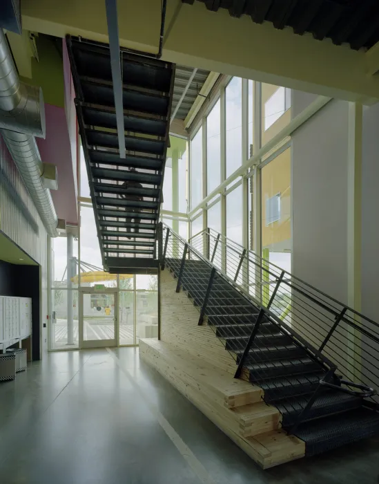 Stairs inside of the lobby of Taxi 2 in Denver, Colorado. 