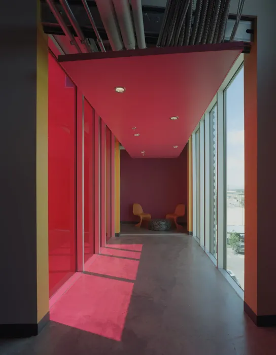 Pink glass in the hallway of Taxi 2 in Denver, Colorado. 