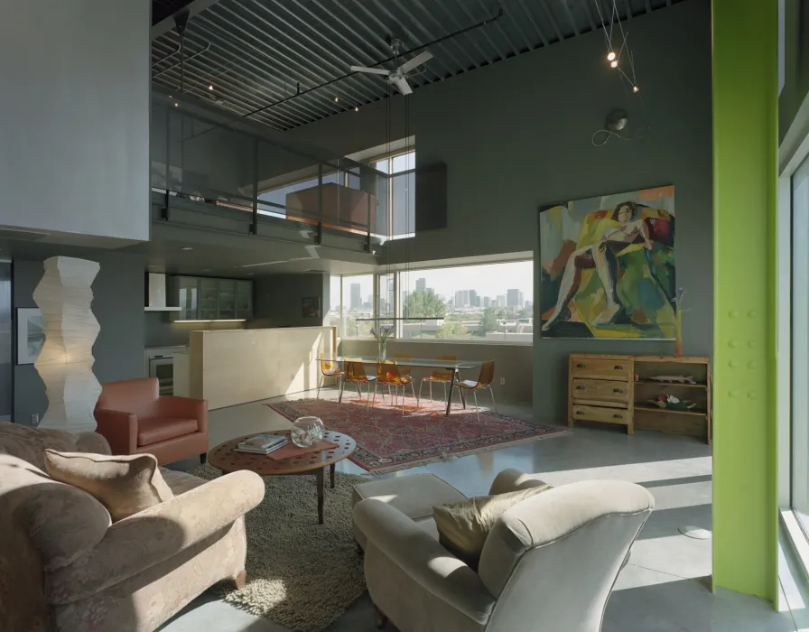 Living room inside a loft unit at Taxi 2 in Denver, Colorado. 