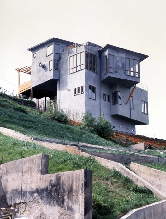 Exterior view of Kayo House from below the hill in Oakland, California.