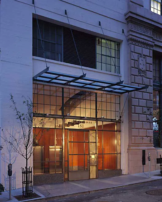 Exterior view of the entry to Marquee Lofts at dusk in San Francisco.