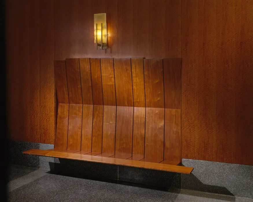 Wood plank bench inside the Marquee Lofts in San Francisco.