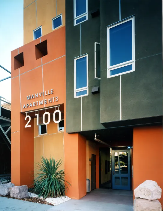 Main apartment entrance to Manville Hall in Berkeley, California on Channing Way