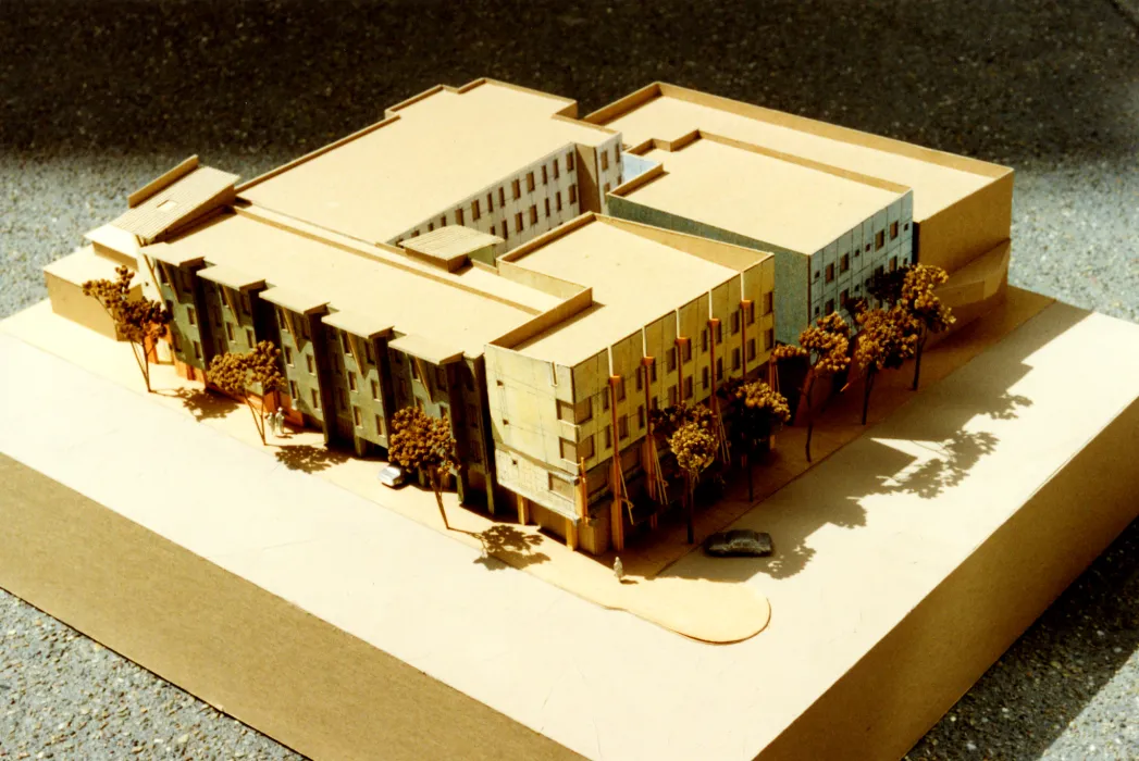 Aerial view of the cardboard study model of Manville Hall in Berkeley, California.