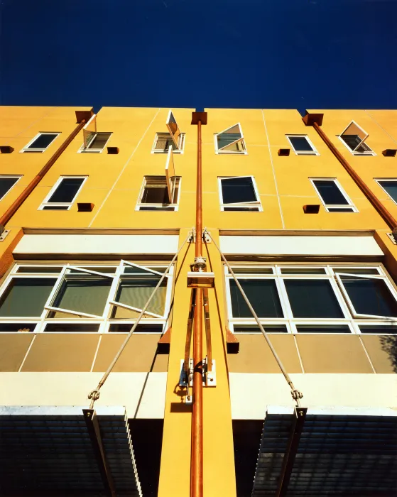 Looking up the western side of Manville Hall in Berkeley, California.