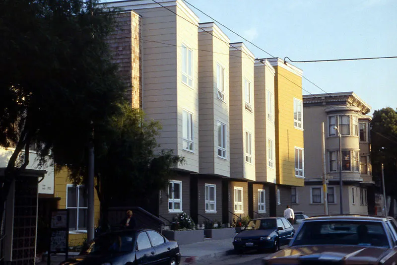 Exterior street view of the elevation at Bell Mews in San Francisco. 