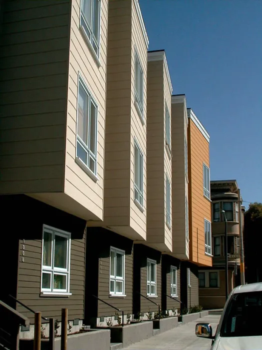 Sidewalk view of the Ellis Street elevation at Bell Mews in San Francisco. 