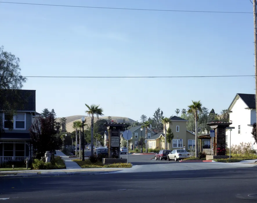 The entrance to Oroysom Village, with the Mission Hills in the background in Fremont, California.