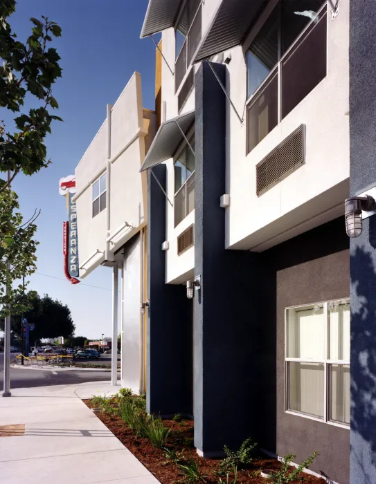 Exterior view of the entry sign to Pensione Esperanza in San Jose, California.