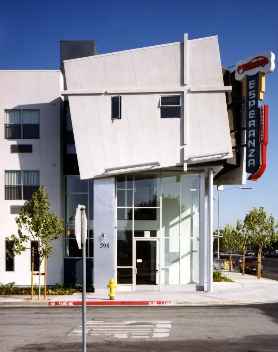 Exterior view of the entry sign to Pensione Esperanza in San Jose, California.