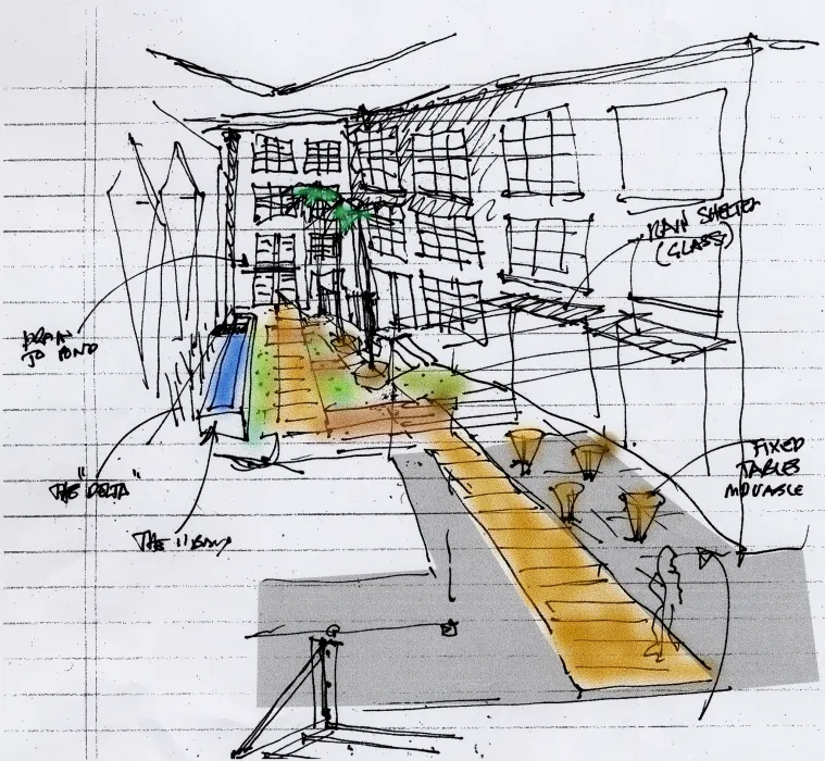 Sketch of the courtyard for 1500 Park Avenue Lofts in Emeryville, California.