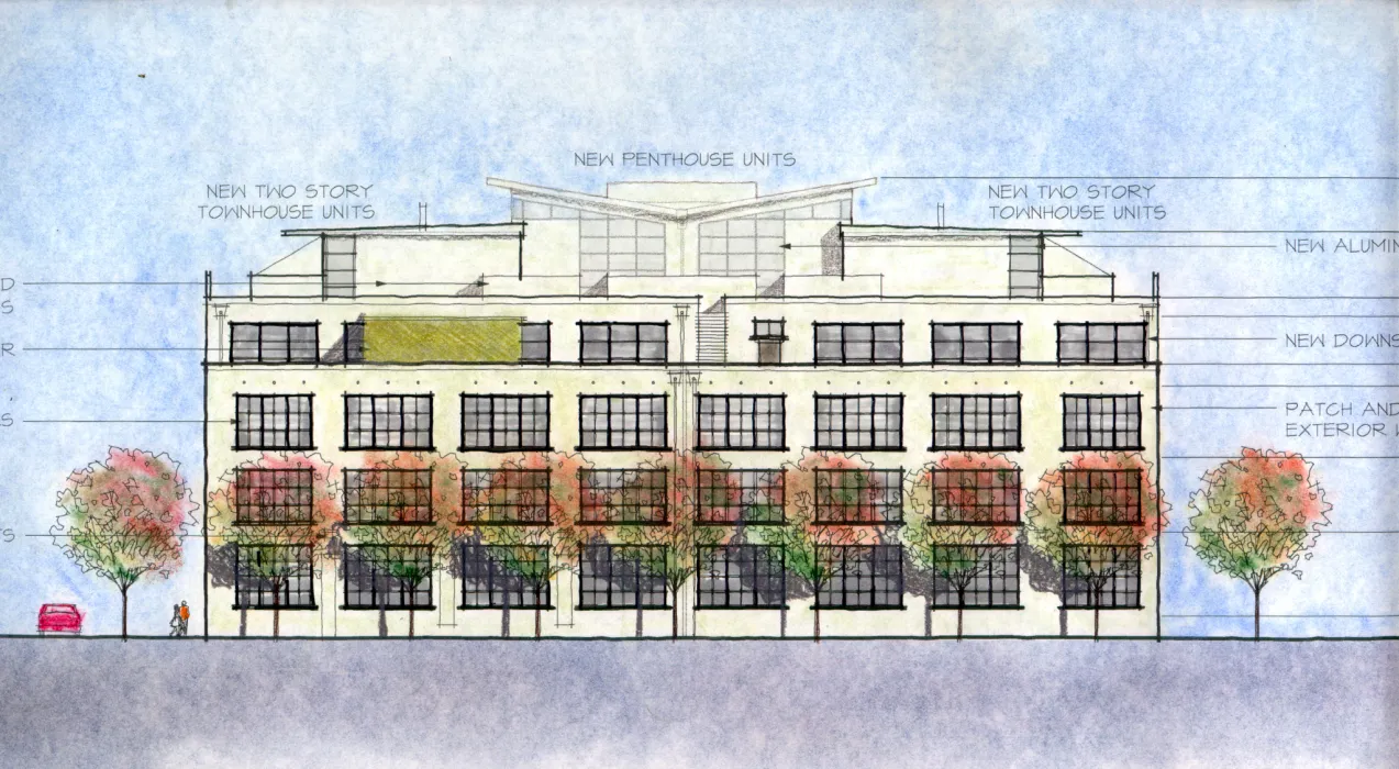 Sketch of the elevation for 1500 Park Avenue Lofts in Emeryville, California.