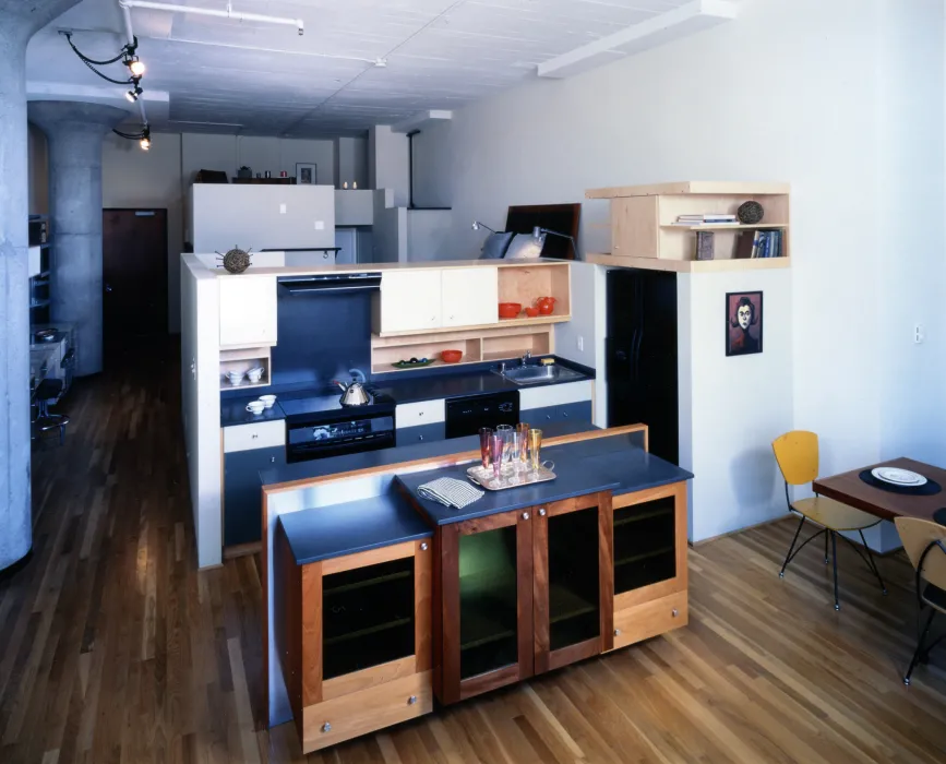 Interior view of a loft unit kitchen at 1500 Park Avenue Lofts in Emeryville, California.