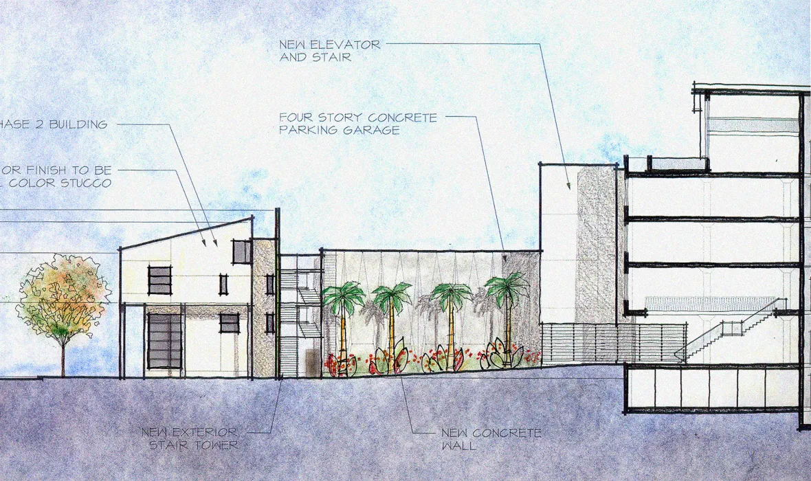 Sketch of the section through the courtyard for 1500 Park Avenue Lofts in Emeryville, California.