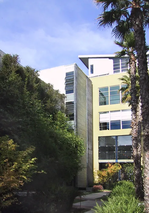 Exterior view of the entry courtyard to 1500 Park Avenue Lofts in Emeryville, California.