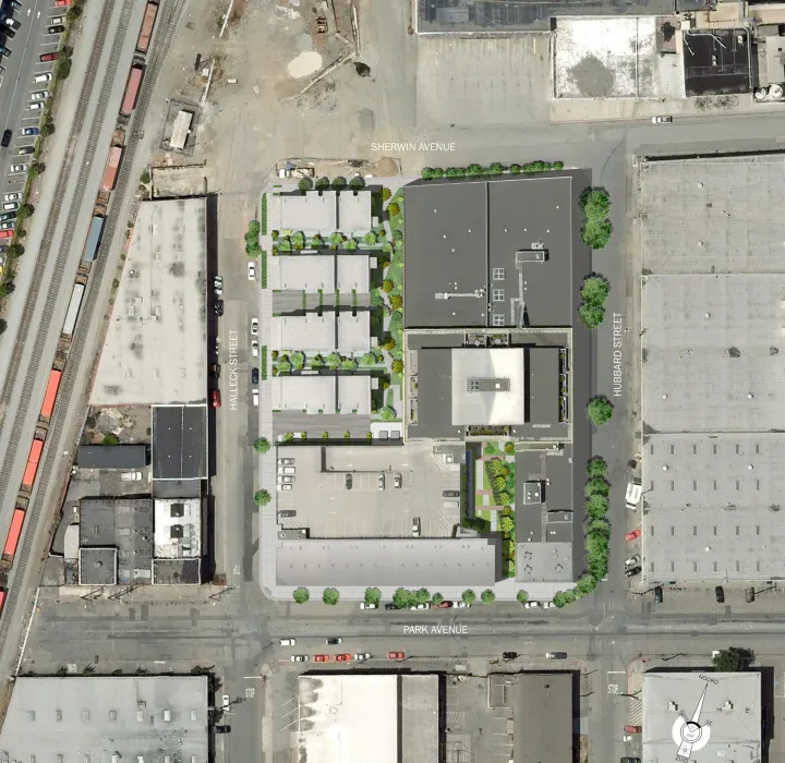 Aerial site plan for Blue Star Corner and 1500 Park Avenue Lofts in Emeryville, Ca.